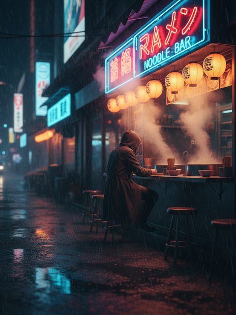 Neon-noir ramen stall generated by Gemini 2.5 Flash Image